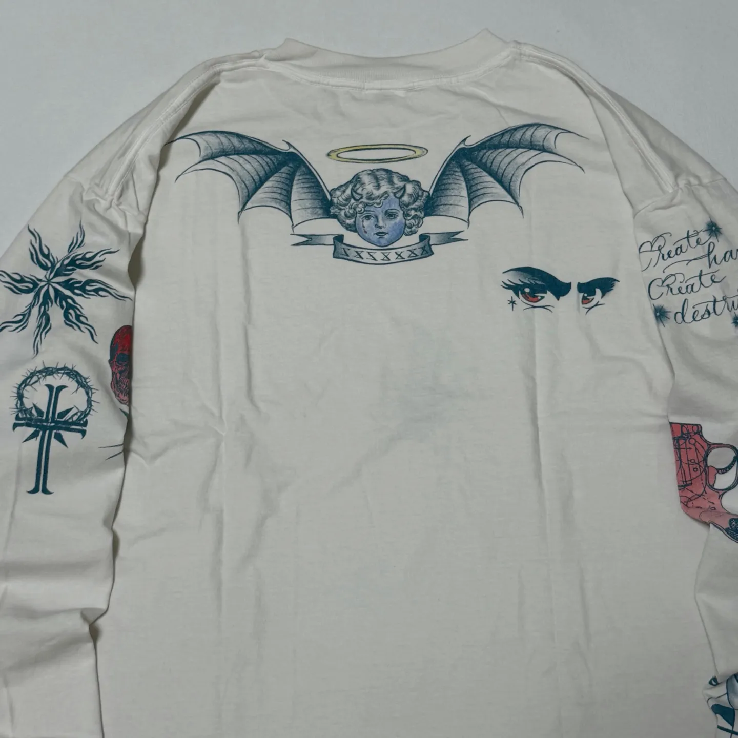 SAINT Mxxxxxx × Dr. Woo DW_LS TEE/TATTOO/WHT Dr.Woo joint model TATOO tattoo long sleeve off-white S-XL OE yarn Tube weaving high weight fabric without side seams Original printing water slurry process No touch printing Breathable and comfortable Original level replica printing Correct version Correct main mark/wash mark/cherub anti-counterfeiting mark